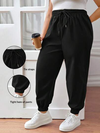 SHEIN CURVE+ Damer Plus Size Casual Sport Dragsko Midjebyxor, joggingbyxor, Loose Fit