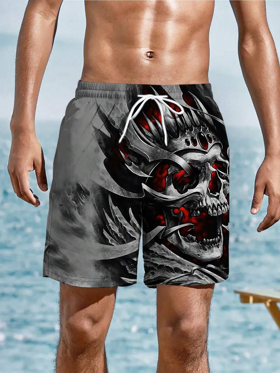 Men's Summer 3D Skull Printed Beach Shorts - Black - View 1