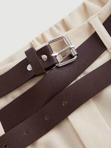 SHEIN MOD Pantalones rectos elegantes con doble cinturón de color albaricoque, ropa de otoño, pantalones holgados para mujer, pantalones, ropa de invierno - Albaricoque - Ver 3