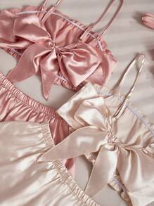 SilkySpell 4pcs Women's Imitated Silk Back Tie Bowknot Camisole Top And Shorts Set In Dual-Tone - Multicolor - View 6