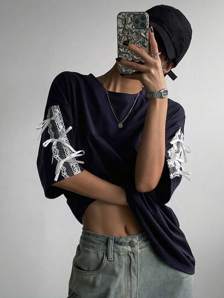 Contrast Lace Bow Detail Drop Shoulder Tee Oversized T-Shirt