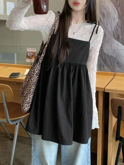 DAZY 女式纯色蝴蝶结荷叶边下摆吊带背心，夏季