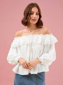 Enchnt Autumn Romantic Vacation French Sweet Lace High-End Exquisite Off-Shoulder Lantern Sleeve Shirt - White - View 1