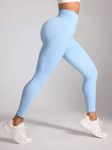 Sovereign Charm Quần legging thể thao đơn giản, màu trơn dành cho nữ, mặc hàng ngày, tập yoga - Màu xanh nhạt - Xem 7