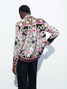 Maija 印花长袖单排扣宽松领衬衫，百搭实用，适合日常穿着、度假、假日、海滩、圣帕特里克节、复活节、春节、音乐节等场合，浪漫时尚，百搭；适合夏季度假，舒适百搭，波西米亚风，沙滩装，时尚优雅，休闲简约，日常穿着，乡村风 - 彩色 - 查看 3