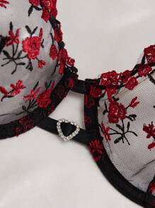 QuietHaus 2pcs Women's Heart Shaped Rhinestone Decorated Embroidered Sexy Lingerie Set - Black - View 4