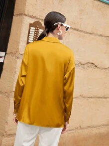 Mulvari 休闲纯色落肩长袖衬衫，春/秋 - 黃色 - 查看 2