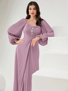 Modelyn 女士實色打褶連衣裙，配水晶裝飾仿高領和長袖，適用於春夏季節 - 粉色 - 查看 6