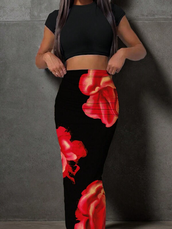 Slaydiva 2pcs/Set Women Casual Flower Graphic Short Sleeve Crop Top & Bodycon Long Maxi Skirt Outfit, Summer
