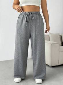 SHEIN EZwear 大码女式纯色简约抽绳休闲灰色阔腿运动裤，初秋 - 灰色 - 查看 4