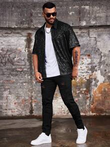 Manfinity Roughcore Plus Size Sequin Splice Casual Short Sleeve Vintage Shirts For Men - Black - View 7