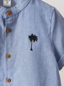 SHEIN 男孩椰樹印花卷翻袖襯衫