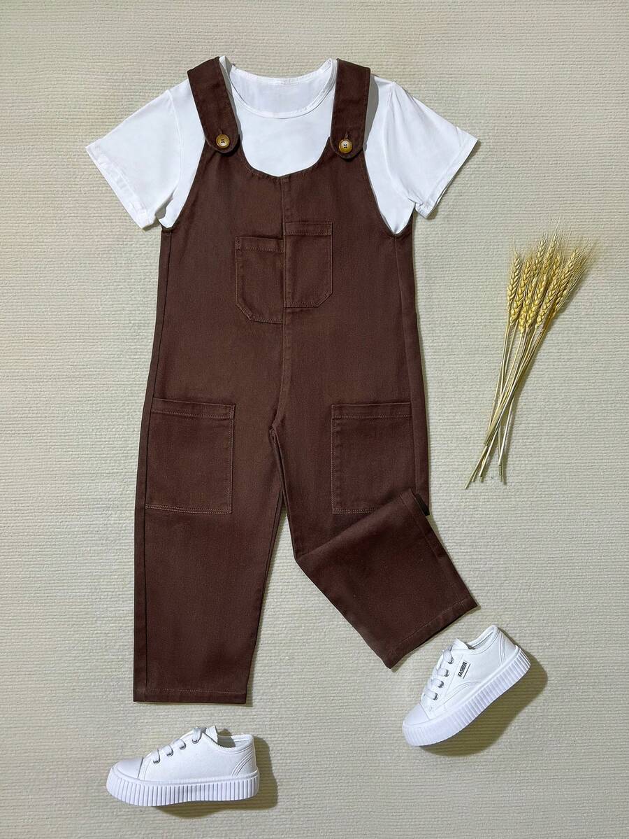Boys' Casual Cute Denim Bib Overalls Jumpsuit - Coffee Brown - View 1