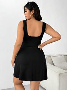 SHEIN EZwear 大码纯色宽肩带露背休闲连衣裙，日常穿着 - 黑色 - 查看 2