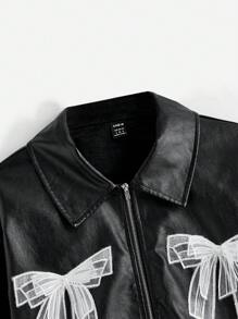 SHEIN MOD Collared Long Sleeve Lace Embroidered Jacket With Zipper And Bow Tie,Back To School,Fall Jacket,Vintage Winter Jacket,90s Country Jacket,Winter Jacket - Black - View 4