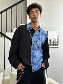 Manfinity VCAY Men's Knitted Fashionable Daily Young Casual Patchwork Loose Long Sleeve Jacket Style, For Fall Winter - Black - View 1