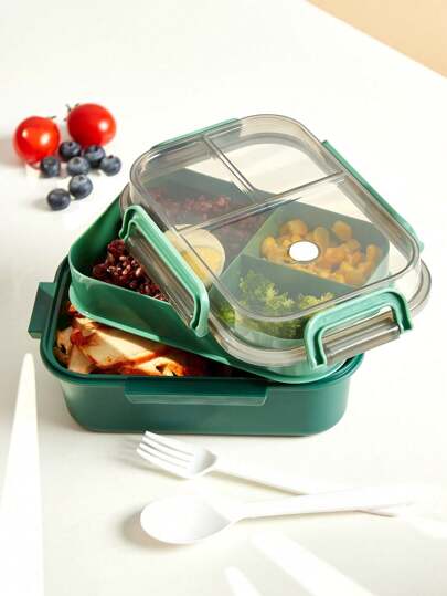 1pc 2 Layer Compartment Lunch Box, School Lunch Box With Fork And Spoon,Food Containers For Women & Men, Students,Set Of Utensil , Bento Lunch Box, Microwavable,Food Container(Pink),Back To School Christmas For Holiday Gift Giving