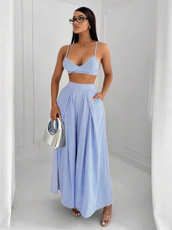 SHEIN SXY Summer Beach 2pcs Minimalist Commute Sexy Striped Camisole Top And Pants Set