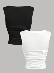 SHEIN 少女黑白色針織高腰褶皺方領無袖背心，多入組內穿套裝