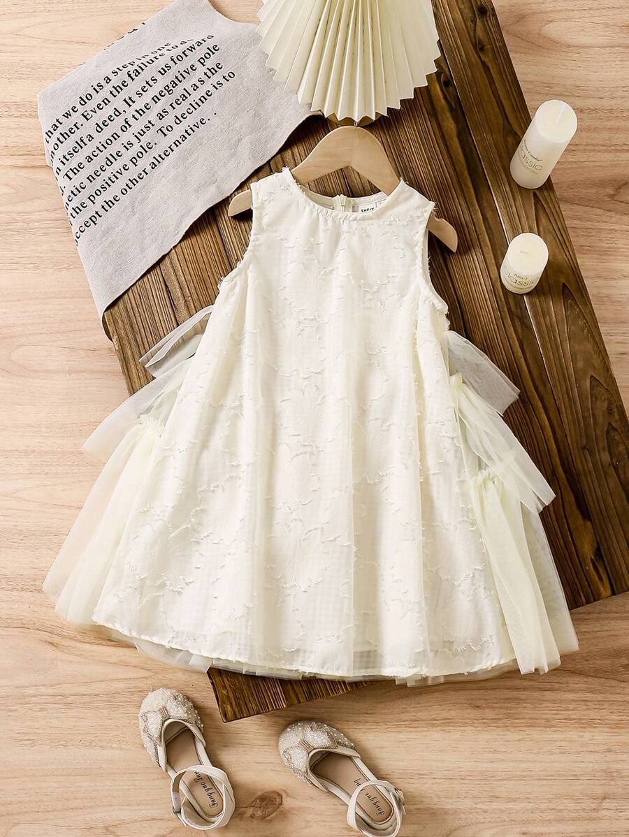 SHEIN LMoss Kids LMoss Young Girl Young Girls' Sweet Korean-Style Round Neck Sleeveless Mesh Ruffle Trim Midi Dress