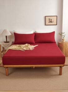 三件套纯色酒红色床笠套装，采用超细纤维面料，包含1个床笠和2个枕套（不含枕芯），现代柔软的床上用品套装，适合居家、宿舍、返校季使用，深口袋设计，适用于厚度达16英寸的床垫。 - 酒紅色 - 查看 7