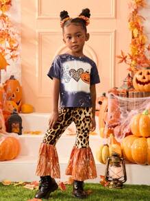 SHEIN 2pcs/Set Young Girl Knitted Halloween Rhinestone Leopard Print T-Shirt And Flare Pants Set - Multicolor - View 6