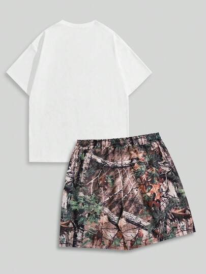 Street Life 2pcs Men's Portrait Printed Short Sleeve T-Shirt And Shorts Set, Everyday Casual, Spring Summer, School