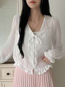 DAZY Áo sơ mi nữ thường ngày mới cho mùa thu, áo dài tay bèo nhún - trắng - Xem 5