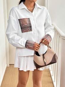 SHEIN Essnce New Spring/Autumn Plaid Patchwork Cape-Style Women's Shirt - White - View 4