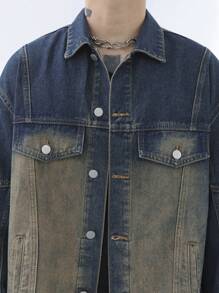 Manfinity EMRG Plus Size Men's Casual Ombre Washed Denim Jacket And Pants Set, Spring Autumn - Dark Wash - View 6