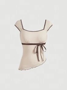 SHEIN MOD Top de tanque ajustado con dobladillo asimétrico con lazo de colores contrastantes y decoraciones con cinta