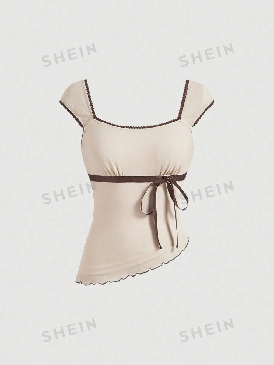 SHEIN MOD Top de tanque ajustado con dobladillo asimétrico con lazo de colores contrastantes y decoraciones con cinta