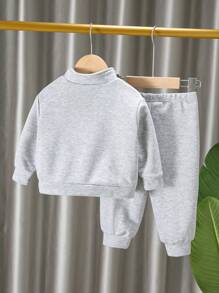SHEIN 男婴/女婴两件套字母印花拉链连帽衫和运动裤套装，休闲百搭舒适秋冬季套装，适合上学、居家和外出 - 淺灰色 - 查看 2