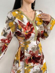 Al Najma 扎染印花配金色饰带侧系带连衣裙 - 紅色 - 查看 3