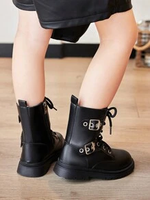 Plain Color Lace-Up Casual Versatile Children Boots - Black - View 2