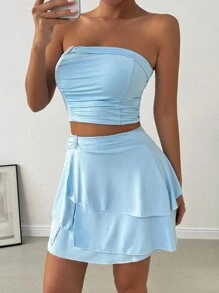 SHEIN X  Ignacia Antonia Calvaya Solid Color Strapless Top With Metal Decoration And Asymmetrical Hem Skirt Set