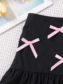 SHEIN Young Girl's Woven Solid Color Bow-Knot Design Casual Skirt - Black - View 3
