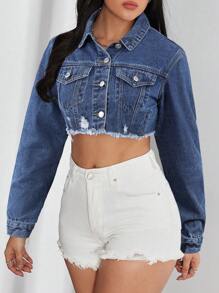 SHEIN EZwear 女式春秋长袖拼接牛仔夹克，带磨边下摆和短款剪裁 - 深色水洗藍 - 查看 3