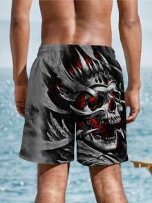 Men's Summer 3D Skull Printed Beach Shorts - Black - View 2