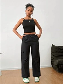 SHEIN Teenage Girls Camouflage Crop Top With Black Strap & Simple Cargo Pants High Street Style Cool 3pcs Outfit