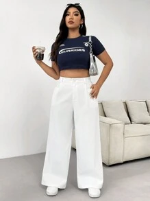 SHEIN EZwear Pantalones blancos de pierna ancha y corte holgado con pliegues y bolsillos para mujer de talla grande, principios de otoño - Blanco - Ver 4