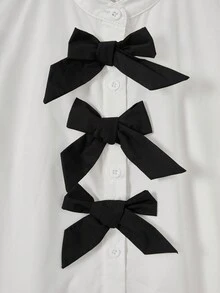 SHEIN Tween Girl Loose Fit Colorblock Bow Decor Elegancka biała bluzka z kołnierzykiem z falbanką, długi rękaw - Czarne i Białe - Zobacz 4