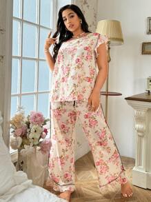 大码女式玫瑰印花荷叶袖圆领上衣和裤子睡衣套装 - 杏色 - 查看 3