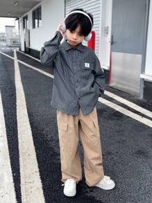 2 件套儿童青少年男童休闲韩版可爱刺绣领开衫衬衫和直腿裤套装