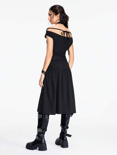 Grunge Punk Robe moulante A-line pour femme, épaules dénudées, dos nu, encolure drapée asymétrique, ceinture ornée de strass en forme de cœur à la taille