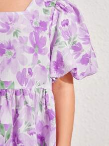 SHEIN Young Girl's Loose Casual Vacation Dress, Woven Ditsy Floral With Round Neck And Puff Sleeves - Purple - View 3