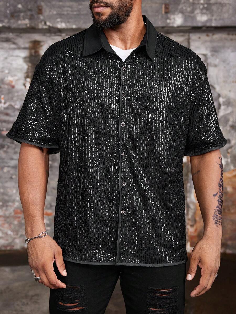 Manfinity Roughcore Plus Size Sequin Splice Casual Short Sleeve Vintage Shirts For Men - Black - View 1