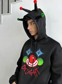 Manfinity VCAY 男士针织宽松连帽衫，带有时尚小丑印花，适合日常休闲穿着，长袖，适合秋冬 - 黑色 - 查看 3