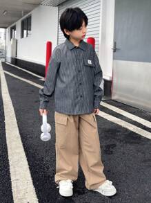 2 件套儿童青少年男童休闲韩版可爱刺绣领开衫衬衫和直腿裤套装