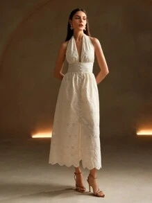 Anewsta 复古风格束腰吊带细肩带女式连衣裙 - 杏色 - 查看 1